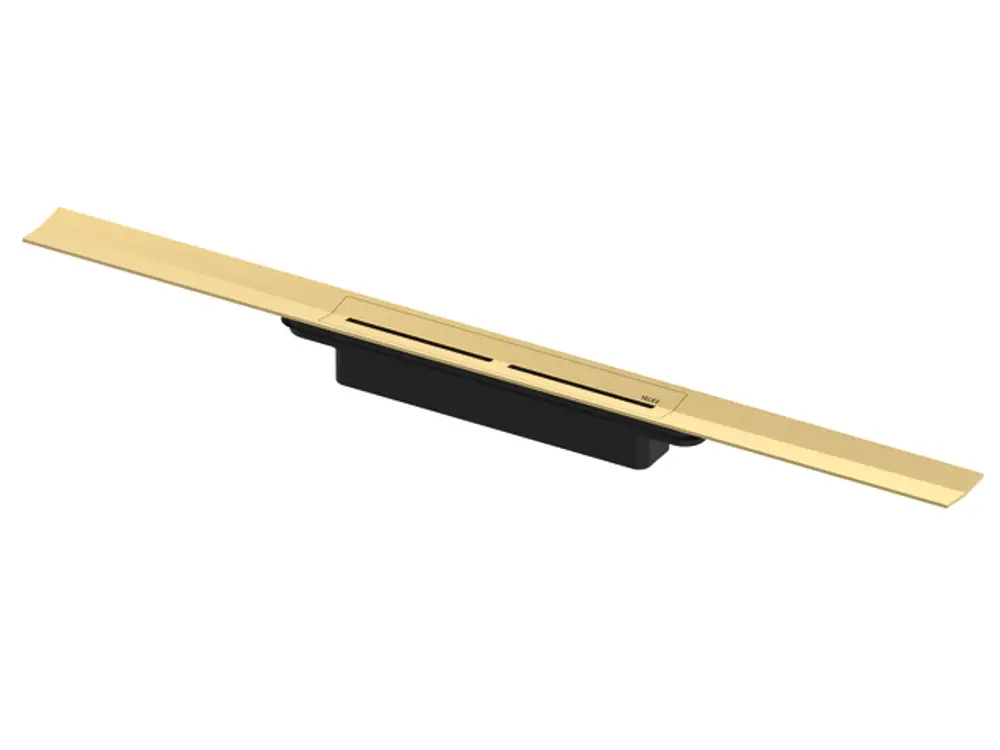 TECE Duschprofil in gebürsteter Gold-Optik. Längliche, flache Bauform mit einer Rinne zur Wasserableitung, montierbar in Duschen oder Badebereichen.